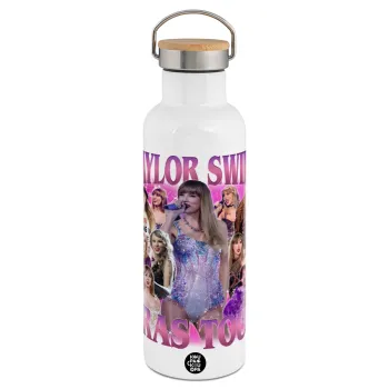 Taylor Swift, Μεταλλικό παγούρι θερμός (Stainless steel) Λευκό με ξύλινο καπάκι (bamboo), διπλού τοιχώματος, 750ml