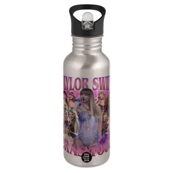 Taylor Swift, Παγούρι νερού Ασημένιο με καλαμάκι, ανοξείδωτο ατσάλι 600ml