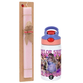 Taylor Swift, Easter Set, Children's thermal stainless steel water bottle with safety straw, pink/purple (350ml) & Easter scented flat candle (30cm) (PINK)