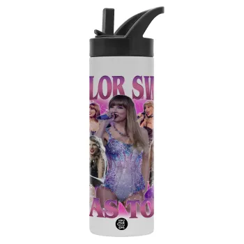Taylor Swift, Metallic thermos bottle with straw & handle, stainless steel (Stainless steel 304), double-walled, 600ml.