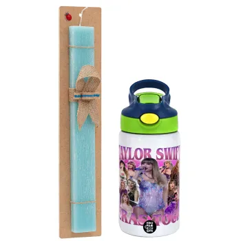 Taylor Swift, Easter Set, Children's thermal stainless steel bottle with safety straw, green/blue (350ml) & aromatic flat Easter candle (30cm) (TURQUOISE)