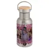 Stainless steel metallic thermos flask, silver with a bamboo lid, double-walled, 350ml.