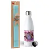 Easter Set, metallic stainless steel water bottle (750ml) & aromatic flat Easter candle (30cm) (TURQUOISE)