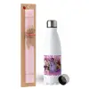 Easter Set, metallic stainless steel water bottle (750ml) & scented flat Easter candle (30cm) (PINK)