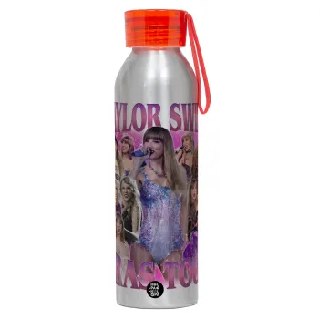 Taylor Swift, Aluminum Sports Bottle 650ml – Silver with Red Cap and Silicone Strap