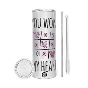 You won my heart, Tumbler ποτήρι θερμό από ανοξείδωτο ατσάλι 600ml, με μεταλλικό καλαμάκι & βούρτσα καθαρισμού