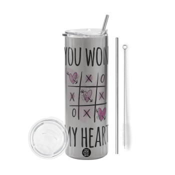 You won my heart, Eco friendly stainless steel Silver tumbler 600ml, with metal straw & cleaning brush