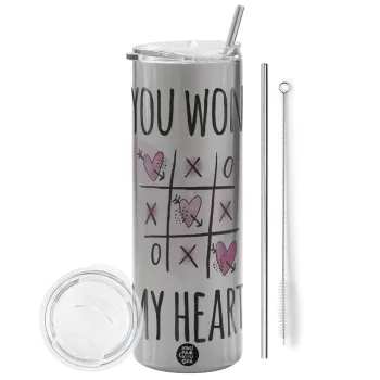 You won my heart, Tumbler stainless steel Silver 600ml, with metal straw & cleaning brush