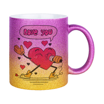 LOVE YOU SINGER!!!, Κούπα Χρυσή/Ροζ Glitter, κεραμική, 330ml