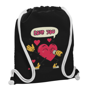 LOVE YOU SINGER!!!, Τσάντα πλάτης πουγκί GYMBAG Μαύρη, με τσέπη (40x48cm) & χονδρά λευκά κορδόνια