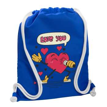 LOVE YOU SINGER!!!, Τσάντα πλάτης πουγκί GYMBAG Μπλε, με τσέπη (40x48cm) & χονδρά κορδόνια