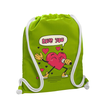 LOVE YOU SINGER!!!, Τσάντα πλάτης πουγκί GYMBAG LIME GREEN, με τσέπη (40x48cm) & χονδρά κορδόνια