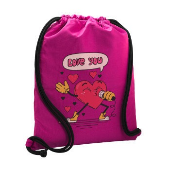 LOVE YOU SINGER!!!, Backpack pouch GYMBAG Fuchsia, with pocket (40x48cm) & thick cords