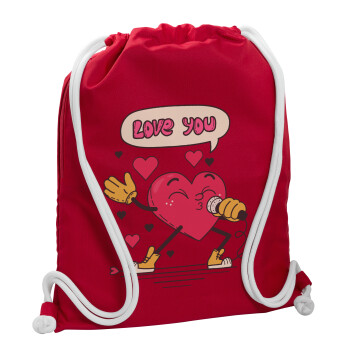 LOVE YOU SINGER!!!, Τσάντα πλάτης πουγκί GYMBAG Κόκκινη, με τσέπη (40x48cm) & χονδρά κορδόνια
