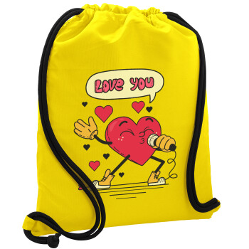 LOVE YOU SINGER!!!, Τσάντα πλάτης πουγκί GYMBAG Κίτρινη, με τσέπη (40x48cm) & χονδρά κορδόνια