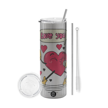 LOVE YOU SINGER!!!, Eco friendly stainless steel Silver tumbler 600ml, with metal straw & cleaning brush