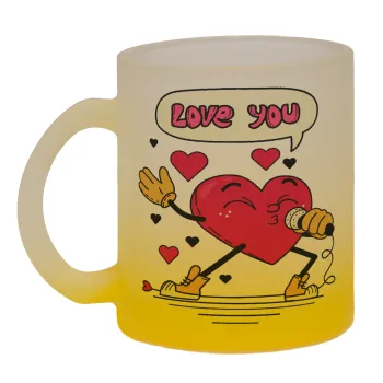 LOVE YOU SINGER!!!, Κούπα γυάλινη δίχρωμη με βάση το κίτρινο ματ, 330ml