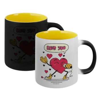 LOVE YOU SINGER!!!, Κούπα Μαγική εσωτερικό κίτρινη, κεραμική 330ml που αλλάζει χρώμα με το ζεστό ρόφημα