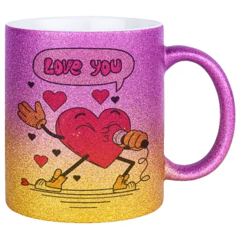 LOVE YOU SINGER!!!, Κούπα Χρυσή/Ροζ Glitter, κεραμική, 330ml