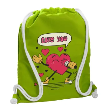 LOVE YOU SINGER!!!, Τσάντα πλάτης πουγκί GYMBAG LIME GREEN, με τσέπη (40x48cm) & χονδρά κορδόνια