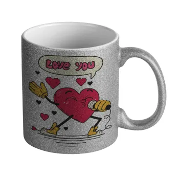 LOVE YOU SINGER!!!, Κούπα Ασημένια Glitter που γυαλίζει, κεραμική, 330ml