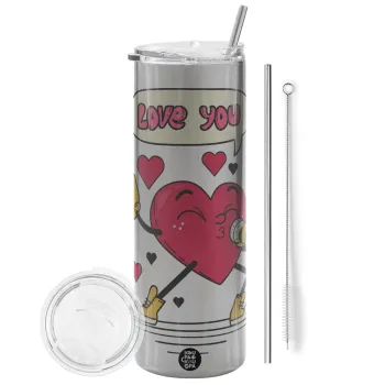 LOVE YOU SINGER!!!, Tumbler stainless steel Silver 600ml, with metal straw & cleaning brush