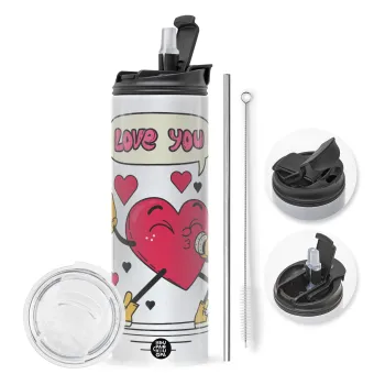 LOVE YOU SINGER!!!, Travel Tumbler 2 Lids, with metal straw & cleaning brush (Stainless steel 304 Food grade, BPA free, 600ml)