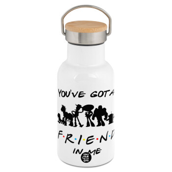 You've Got a Friend in Me, Μεταλλικό παγούρι θερμός (Stainless steel) Λευκό με ξύλινο καπακι (bamboo), διπλού τοιχώματος, 350ml