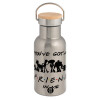 Stainless steel metallic thermos flask, silver with a bamboo lid, double-walled, 350ml.