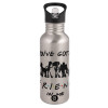 Water bottle Silver with straw, stainless steel 600ml