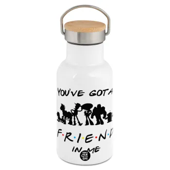 You've Got a Friend in Me, Metallic thermos (Stainless steel) White with wooden lid (bamboo), double-walled, 350ml