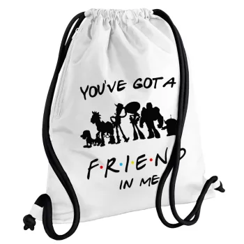 You've Got a Friend in Me, Τσάντα πλάτης πουγκί GYMBAG λευκή, με τσέπη (40x48cm) & χονδρά κορδόνια