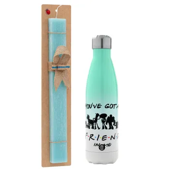 You've Got a Friend in Me, Easter Set, Metallic green/white thermos (Stainless steel), double-walled, 500ml & scented flat Easter candle (30cm) (TURQUOISE)