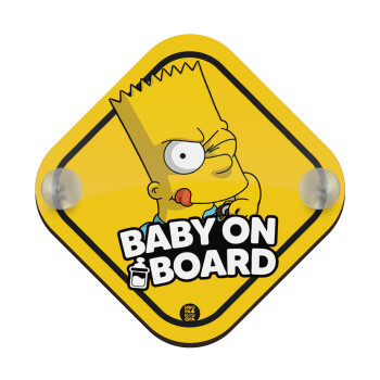 Bart Simpson, Σήμανση αυτοκινήτου Baby On Board ξύλινο με βεντουζάκια (16x16cm)