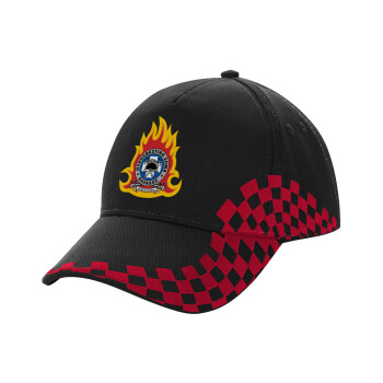 Πυροσβεστικό σώμα Ελλάδος σκούρο, Καπέλο Ενηλίκων Ultimate ΜΑΥΡΟ/ΚΟΚΚΙΝΟ RACING, (100% ΒΑΜΒΑΚΕΡΟ DRILL, ΕΝΗΛΙΚΩΝ, UNISEX, ONE SIZE)