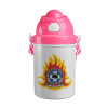 Πυροσβεστικό σώμα Ελλάδος σκούρο, Ροζ παιδικό παγούρι πλαστικό (BPA-FREE) με καπάκι ασφαλείας, κορδόνι και καλαμάκι, 400ml