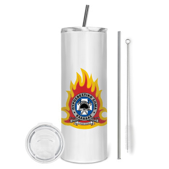 Πυροσβεστικό σώμα Ελλάδος σκούρο, Tumbler ποτήρι θερμό από ανοξείδωτο ατσάλι 600ml, με μεταλλικό καλαμάκι & βούρτσα καθαρισμού