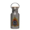 Stainless steel metallic thermos flask, silver with a bamboo lid, double-walled, 350ml.
