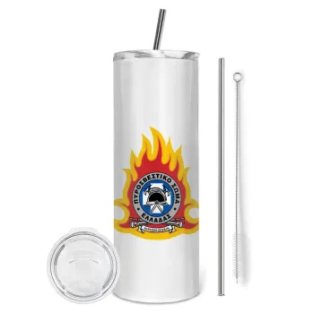 Πυροσβεστικό σώμα Ελλάδος σκούρο, Tumbler ποτήρι θερμό από ανοξείδωτο ατσάλι 600ml, με μεταλλικό καλαμάκι & βούρτσα καθαρισμού