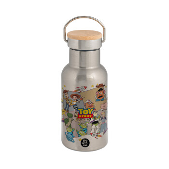 toystory characters, Μεταλλικό παγούρι θερμός (Stainless steel) Ασημένιο με ξύλινο καπακι (bamboo), διπλού τοιχώματος, 350ml