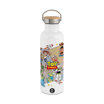 toystory characters, Stainless steel White with wooden lid (bamboo), double wall, 750ml