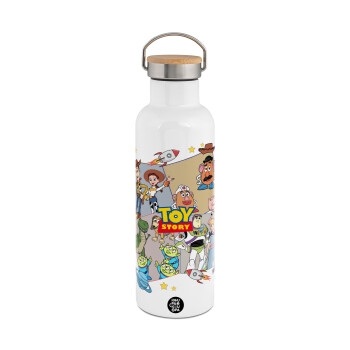 toystory characters, Μεταλλικό παγούρι θερμός (Stainless steel) Λευκό με ξύλινο καπάκι (bamboo), διπλού τοιχώματος, 750ml