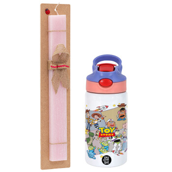 toystory characters, Πασχαλινό Σετ, Παιδικό παγούρι θερμό, ανοξείδωτο, με καλαμάκι ασφαλείας, ροζ/μωβ (350ml) & πασχαλινή λαμπάδα αρωματική πλακέ (30cm) (ΡΟΖ)