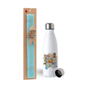 toystory characters, Easter Set, metallic stainless steel water bottle (750ml) & aromatic flat Easter candle (30cm) (TURQUOISE)