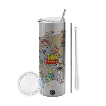 toystory characters, Eco friendly ποτήρι θερμό Ασημένιο (tumbler) από ανοξείδωτο ατσάλι 600ml, με μεταλλικό καλαμάκι & βούρτσα καθαρισμού