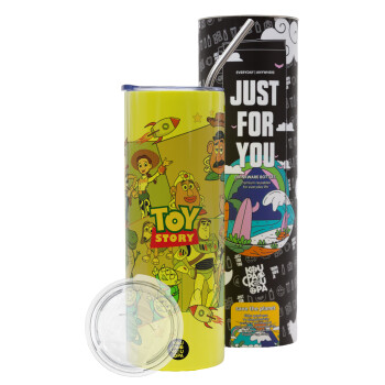 toystory characters, Neon Yellow Travel Tumbler θερμό, μεταλλικό καλαμάκι(Ανωξείδωτο 304 Food grade, BPA free, 600ml)