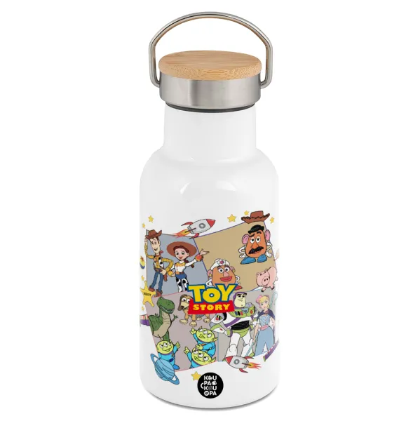 toystory characters — Metallic thermos (Stainless steel) White with wooden lid (bamboo), double-walled, 350ml