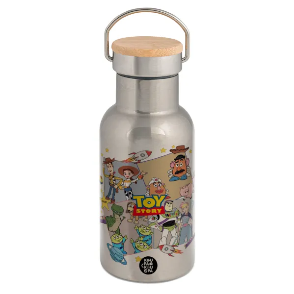 toystory characters — Stainless steel metallic thermos flask, silver with a bamboo lid, double-walled, 350ml.