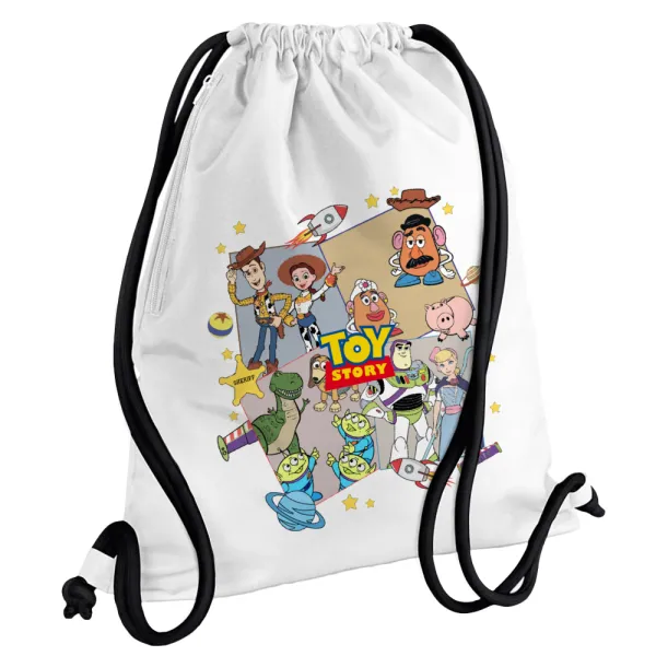 toystory characters — Τσάντα πλάτης πουγκί GYMBAG λευκή, με τσέπη (40x48cm) & χονδρά κορδόνια