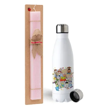 toystory characters, Easter Set, metallic stainless steel water bottle (750ml) & scented flat Easter candle (30cm) (PINK)